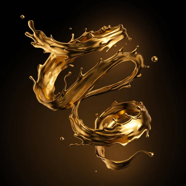 Απόδοση Υγρό Splash Χρυσό Σπιράλ Καλλιτεχνική Χρώμα Μεταλλικό Τζετ Στροβιλισμού — Φωτογραφία Αρχείου