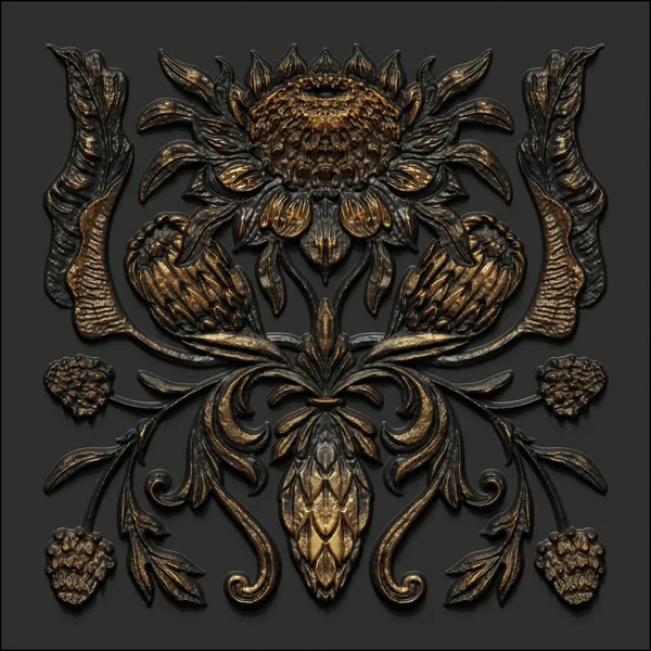 3d render, black gold antique floral carving, embossing, aged metallic tile, embossed botanical pattern, medieval ornament, ancient ironwork, tropical flowers and leaves motif