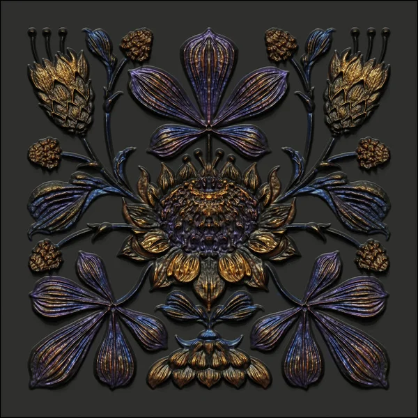 3d render, black gold antique floral carving, aged metallic tile, botanical pattern, medieval ornament, ancient ironwork, tropical flowers and leaves motif