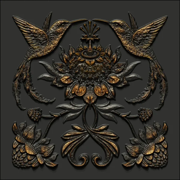 3d render, black gold antique floral carving, hummingbirds, tropic birds, aged metallic tile, embossed botanical pattern, medieval ornament, ancient ironwork, tropical flowers and leaves motif