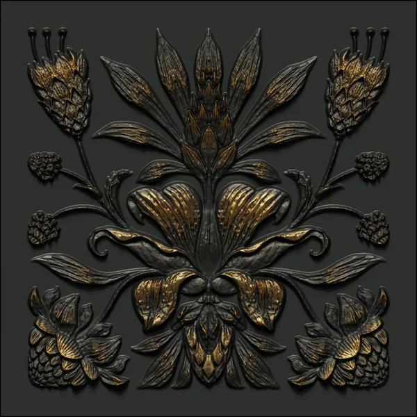 3d render, abstract black gold vintage floral background, medieval botanical pattern, forged metallic tile, ancient ironwork, tropical flowers and leaves motif, decorative classic ornament