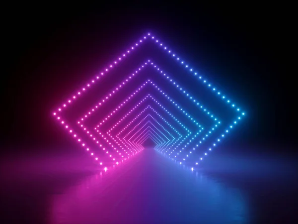 三维渲染 抽象霓虹灯几何背景 粉红色蓝色发光菱形 长隧道或走廊灯火通明 反映在地板上 现代空舞台设计 — 图库照片