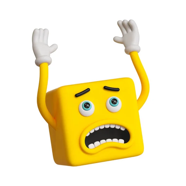 3D渲染 抽象的情感面部图标 黄色的情感剪贴画 在白色背景下被隔离 恐怖的人物形象 卡通人物高举双手 正方形的情感 可爱的立方体玩具 — 图库照片