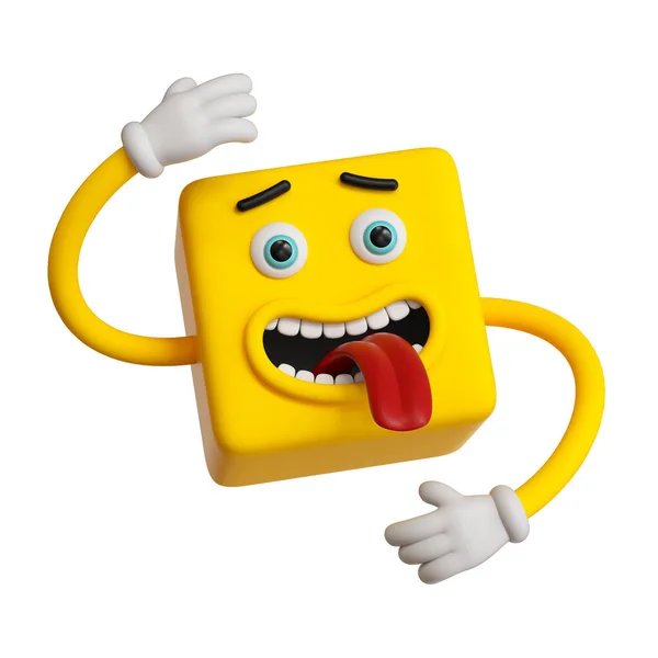 3D渲染 抽象的情感面部图标 黄色的情感剪贴画 在白色背景下被隔离 恐怖的人物形象 疯狂的卡通怪物 正方形的情感 可爱愚蠢的立方体玩具舌头伸出 — 图库照片