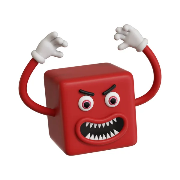 3Dレンダリング 抽象的な感情的な赤い顔のアイコン 白い背景に隔離された積極的な感情的なクリップアート 怒っている漫画のキャラクターイラスト 怒っているモンスターの手を 正方形の絵文字 クレイジー立方おもちゃ — ストック写真