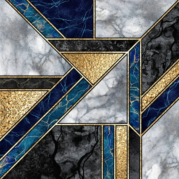 Abstrakte Marmormosaik Hintergrund Art Deco Tapete Schwarz Weiß Blau Gold — Stockfoto