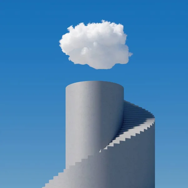 3Dレンダリング 晴れた日に抽象的な雲の風景は 白い雲が螺旋状の具体的な階段 青空の上に上昇します 現代の最小限のシュールな背景 挑戦の概念 進行形 — ストック写真