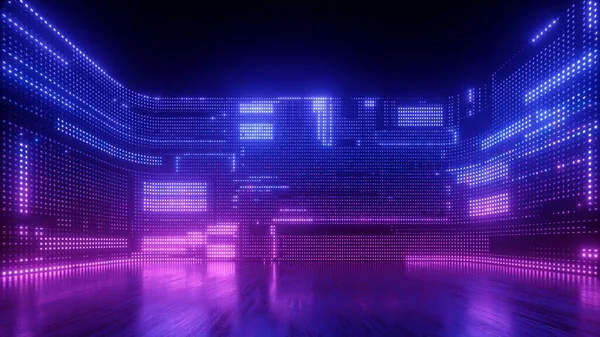 Рендеринг Абстрактный Ультрафиолетовый Фон Киберэкраном Светящимися Неоновыми Огнями — стоковое фото