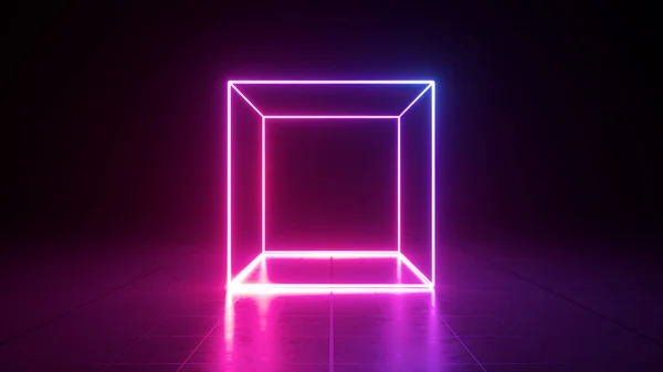 Render Abstract Geometric Ultraviolet Background Neon Light Glowing Cube Square — Stock Photo, Image