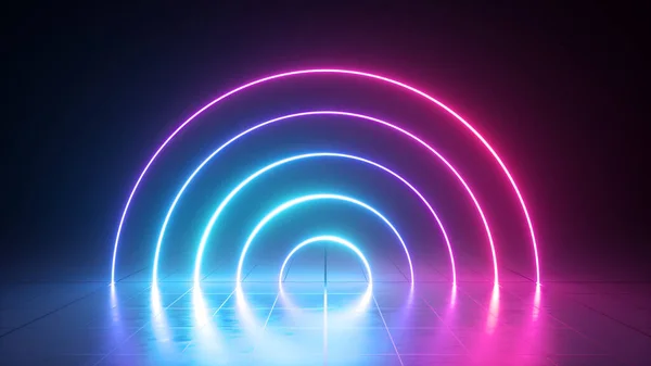 Render Neon Kerek Íves Vonalak Izzó Gyűrűk Ultraibolya Spektrum Rózsaszín — Stock Fotó