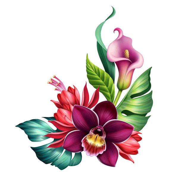 Квіткова Ілюстрація Барвистого Букета Тропічними Квітами Зеленим Листям Ботанічний Кутовий — стокове фото