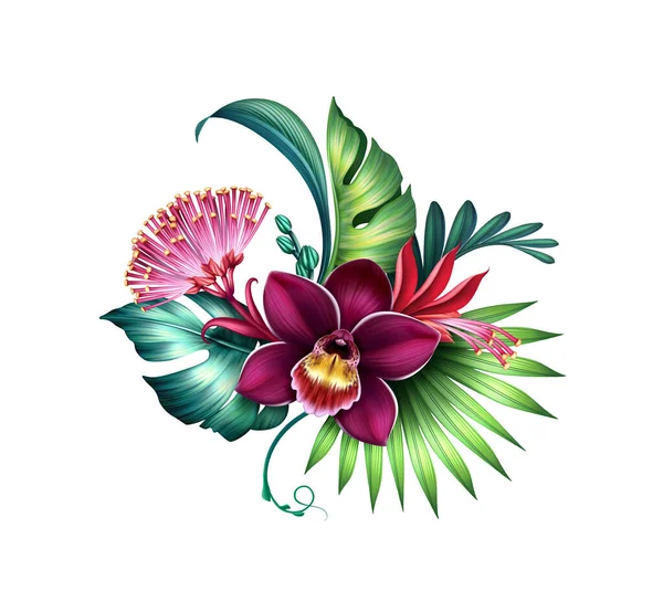 Floral Εικονογράφηση Πολύχρωμο Μπουκέτο Τροπική Ορχιδέα Λουλούδια Και Πράσινα Φύλλα — Φωτογραφία Αρχείου