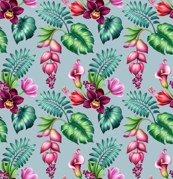 Fondo Pantalla Tropical Sin Costuras Con Flores Color Rosa Hojas — Foto de Stock
