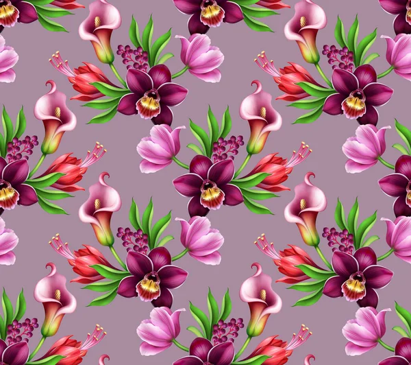 无缝花纹 各种热带花和叶子 粉红色背景隔离 — 图库照片