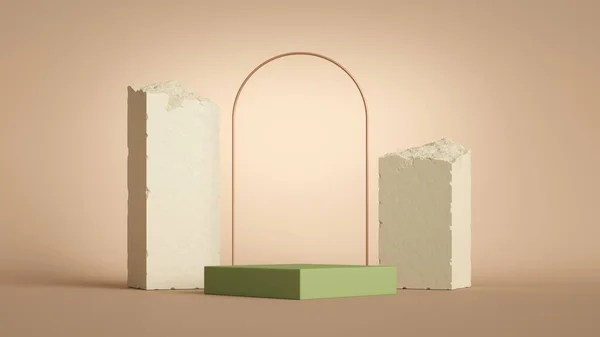 Render Abstracte Moderne Minimale Beige Achtergrond Met Leeg Groen Podium — Stockfoto