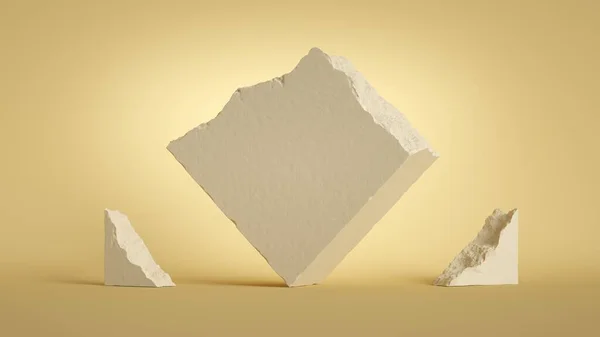 3Dレンダリング パステルイエローの背景に孤立した壊れた石の遺跡と抽象的なショーケースシーン バランスの概念 — ストック写真