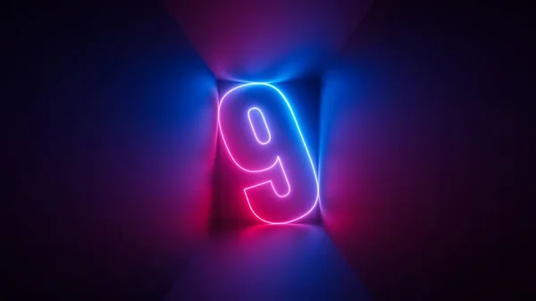 3Dレンダリング ピンクブルーのネオン番号9 紫外線で輝く正方形の箱の中のデジタルシンボル — ストック写真