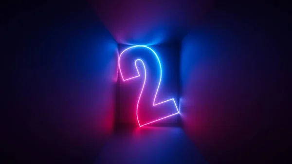 3Dレンダリング ピンクブルーのネオンナンバー2 紫外線で輝く正方形の箱の中のデジタルシンボル — ストック写真