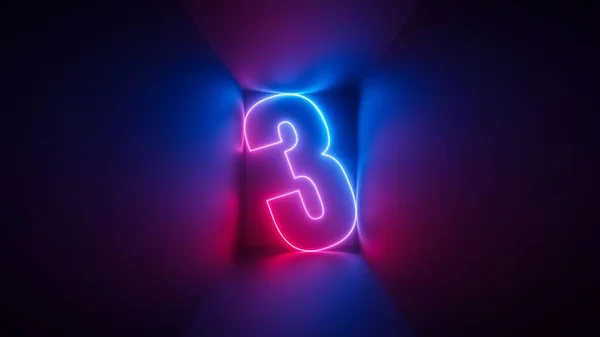 3Dレンダリング ピンクブルーのネオン番号3 紫外線に輝く正方形の箱の中のデジタルシンボル — ストック写真