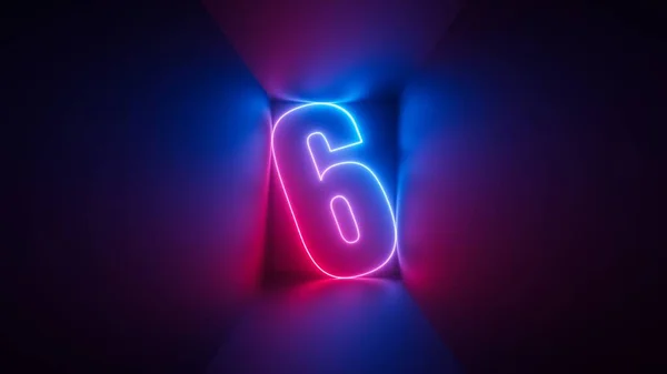 3Dレンダリング ピンクブルーのネオン番号6 紫外線で輝く正方形の箱の中のデジタルシンボル — ストック写真
