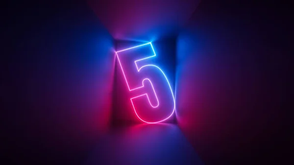 Render Rosa Blå Neon Nummer Fem Digital Symbol Inuti Fyrkantig — Stockfoto