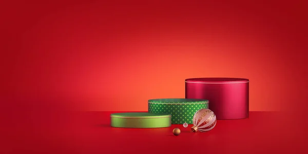 Render Abstrakt Röd Bakgrund Med Tomma Podiums För Produktpresentation Grön — Stockfoto