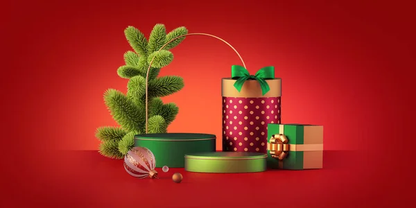 3D渲染 空白的论坛孤立在红色的背景与包装礼品盒 绿色云杉和圣诞装饰品 产品展示的空橱窗 — 图库照片