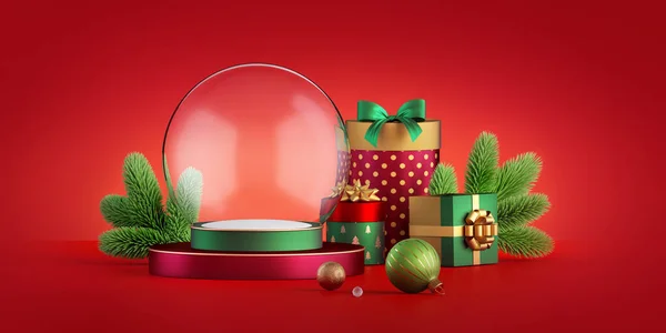 3Dレンダリング クリスマスオーナメント 空のガラスボール ラップギフトボックスと緑のトウヒ小枝と赤の背景 伝統的な休日の壁紙 — ストック写真