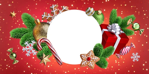 3D渲染 圣诞节背景 白色圆框 装饰有节日装饰品 闪闪发光的意粉 玻璃球 包装的礼品盒和绿色云杉枝条 传统假日横幅 — 图库照片