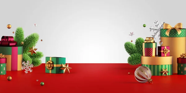 3D渲染 节日场景 圣诞装饰品 绿色云杉和礼品盒 白色背景与红色地板隔离 展示台为空的产品展示 横向横幅 — 图库照片