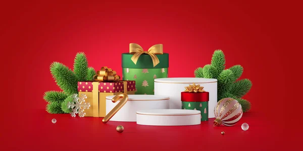 Render Piros Háttér Üres Pódiumokkal Zöld Lucfenyő Ajándékdobozok Karácsonyi Díszek — Stock Fotó