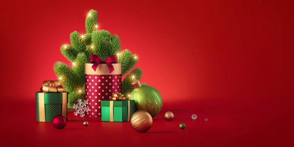 Render Karácsonyi Háttér Ünnepi Díszek Üveggolyók Csomagolt Ajándékdobozok Zöld Lucfenyő — Stock Fotó