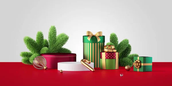 Render Háttér Csomagolt Ajándékdobozok Karácsonyi Díszek Ünnepi Bemutató Üres Talapzattal — Stock Fotó