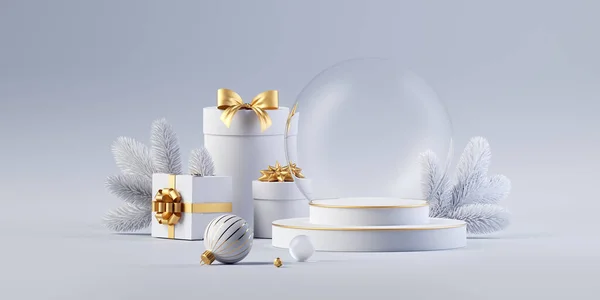 3Dレンダリング クリスマスオーナメント 空のガラスボール 金色のリボンと冷凍トウヒ小枝とギフトボックスを包んだ白い銀の背景 伝統的な休日の壁紙 — ストック写真