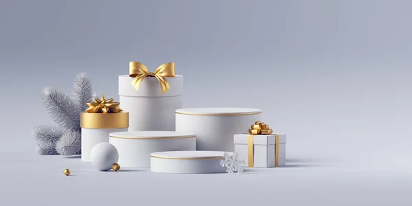 Vykreslování Bílá Zlatá Minimalistická Vánoční Scéna Prázdné Vitríny Pro Prezentaci — Stock fotografie