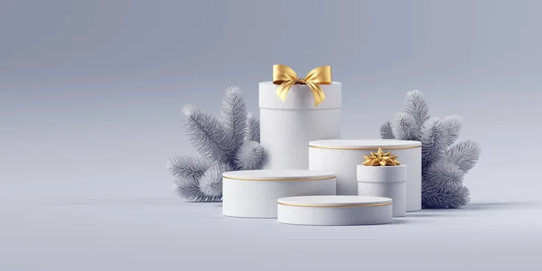 렌더링 황금색의 배경에 가문비나무 포장된 상자와 크리스마스 발표를 경쟁적 전시회 — 스톡 사진