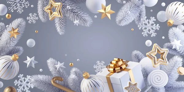 3D渲染 冬季背景与圣诞装饰品 玻璃球 金色的星星 礼品盒和云杉树枝 空白横幅 喜庆的壁纸 贺卡模板 — 图库照片