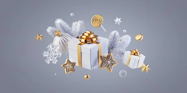 3D渲染 悬浮白色和金色圣诞饰品 包装礼品盒 糖果和姜饼饼干 孤立在银灰色背景 假日说明 — 图库照片