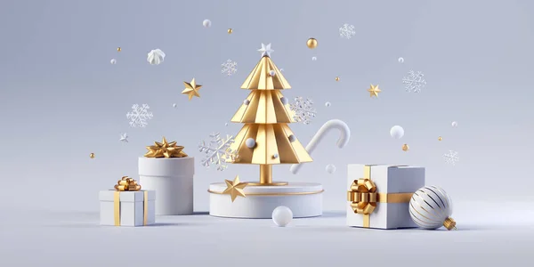 3Dレンダリング クリスマスオーナメント 黄金のモミの木と白い背景に隔離されたギフトボックスを包んだ 休日の壁紙 — ストック写真