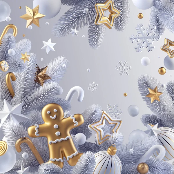 3次元レンダリング ジンジャーブレッドマンクッキー クリスマスオーナメントと冷凍トウヒの小枝と冬の背景 お祭り壁紙 — ストック写真