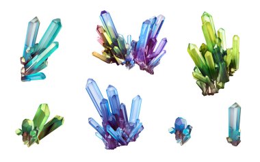 3D rengarenk kristaller. Jeolojik mineral koleksiyonu, beyaz arkaplanda izole edilmiş kuvars külçesi klipsi sanatı