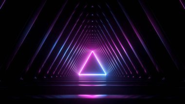 Sanal geometrik tünelin sonunda neon üçgenli 3D görüntüleme, soyut arkaplan