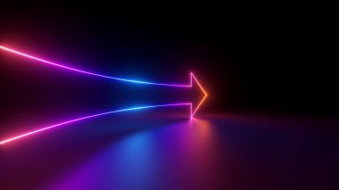 3D görüntüleme, soyut minimalist geometrik arkaplan. Parlayan neon ok sağ, doğrusal yön sembolü