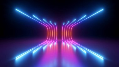 3D görüntüleme, yuvarlak pembe neon çizgiler, karanlıkta parlıyor. Soyut minimalist geometrik arkaplan. Ultraviyole spektrum. Siber uzay. Fütürist duvar kağıdı