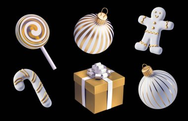 3D görüntüleme, beyaz ve altın Noel süsleri, siyah arkaplanda izole edilmiş festival klipsi sanat unsurları seti