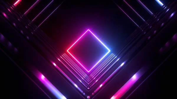 Renderer Abstrakter Geometrischer Neon Hintergrund Mit Leuchtendem Quadratischen Rahmen Laser — Stockfoto