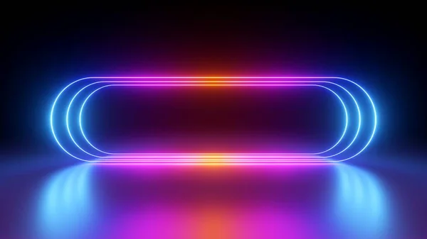 stock image 3d render, glowing pink blue neon lines, rounded geometric blank frame, isolated on black background. Ultraviolet spectrum. Cyber space. Abstract futuristic wallpaper