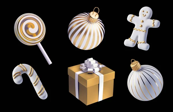 Render Fehér Arany Karácsonyi Díszek Készlet Ünnepi Clip Művészeti Elemek — Stock Fotó