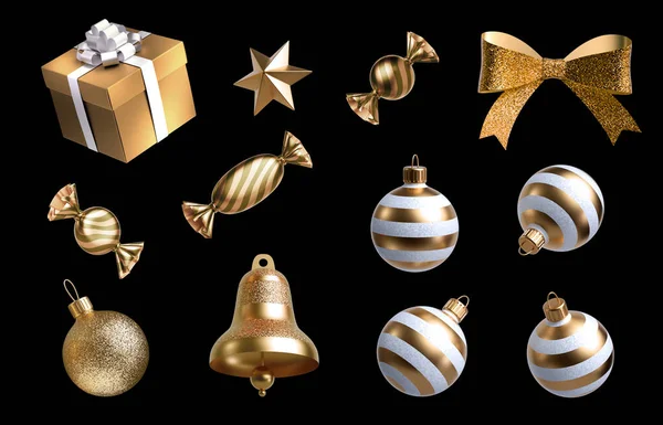 Render Fehér Arany Karácsonyi Díszek Ajándékdoboz Arany Harang Édességek Labdák — Stock Fotó
