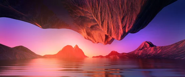렌더링 바위와 판타지 파노라마 추상적인 환상적인 배경입니다 빛으로 스톡 사진